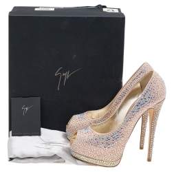 Pre Owned Giuseppe Zanotti Multicolor Leather Crystal Embellished Sharon Peep Toe Platform Pumps Size 37.5