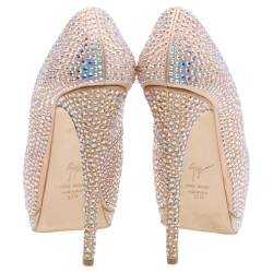 Pre Owned Giuseppe Zanotti Multicolor Leather Crystal Embellished Sharon Peep Toe Platform Pumps Size 37.5