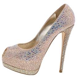 Pre Owned Giuseppe Zanotti Multicolor Leather Crystal Embellished Sharon Peep Toe Platform Pumps Size 37.5