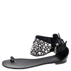 Giuseppe Zanotti Black Satin And Leather Embellished Ankle Wrap Flat Sandals Size 37