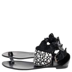 Giuseppe Zanotti Black Satin And Leather Embellished Ankle Wrap Flat Sandals Size 37