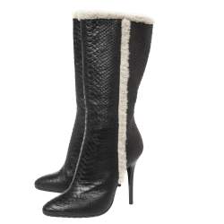Pre Owned Giuseppe Zanotti Black Python Leather and Fur Mid-Calf Boots Size 38.5