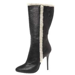 Pre Owned Giuseppe Zanotti Black Python Leather and Fur Mid-Calf Boots Size 38.5