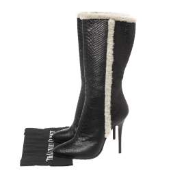 Pre Owned Giuseppe Zanotti Black Python Leather and Fur Mid-Calf Boots Size 38.5
