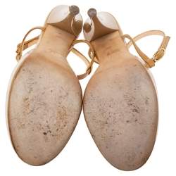 Pre Owned Giuseppe Zanotti Mustard Yellow Patent Leather Peep-Toe T-Bar Ankle-Strap Sandals Size 38