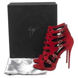 Pre Owned حذاء بوت للكاحل جوسيبي زانوتي سويدي أحمر بإبازيم متعددة مقاس 37