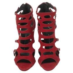 Pre Owned حذاء بوت للكاحل جوسيبي زانوتي سويدي أحمر بإبازيم متعددة مقاس 37