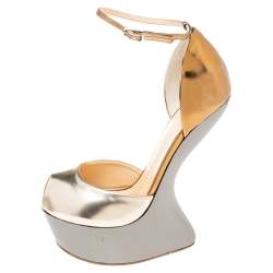 Pre Owned Giuseppe Zanotti Dull Gold/Copper Mirror Leather Heelless Peep-Toe Platform Sandals Size 38.5 