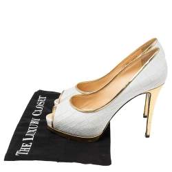 Pre Owned Giuseppe Zanotti White Croc Embossed Leather Peep-Toe Platform Pumps Size 39