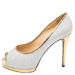 Pre Owned Giuseppe Zanotti White Croc Embossed Leather Peep-Toe Platform Pumps Size 39