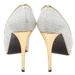 Pre Owned Giuseppe Zanotti White Croc Embossed Leather Peep-Toe Platform Pumps Size 39