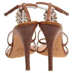 Pre Owned Giuseppe Zanotti Brown Leather Crystal Embellished Ankle Strap Sandals Size 40