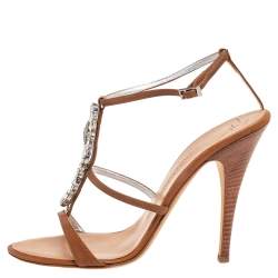Pre Owned Giuseppe Zanotti Brown Leather Crystal Embellished Ankle Strap Sandals Size 40