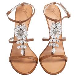 Pre Owned Giuseppe Zanotti Brown Leather Crystal Embellished Ankle Strap Sandals Size 40
