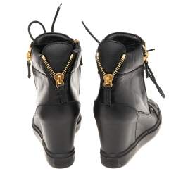 Pre Owned Giuseppe Zanotti Black Leather Double Zip Wedge Sneakers Size 37