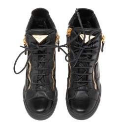 Pre Owned Giuseppe Zanotti Black Leather Double Zip Wedge Sneakers Size 37