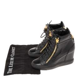 Pre Owned Giuseppe Zanotti Black Leather Double Zip Wedge Sneakers Size 37