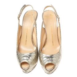 Pre Owned Giuseppe Zanotti Gold Python Embossed Leather Peep-Toe Slingback Pumps Size 38