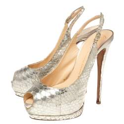 Pre Owned Giuseppe Zanotti Gold Python Embossed Leather Peep-Toe Slingback Pumps Size 38