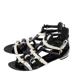 Pre Owned Giuseppe Zanotti Black/White Patent Leather Gladiator Flat Sandals Size 40