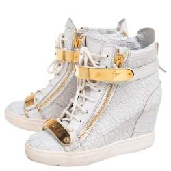Pre Owned Giuseppe Zanotti Grey Croc Embossed Leather High Top Wedge Sneakers Size 37