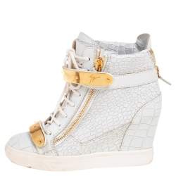 Pre Owned Giuseppe Zanotti Grey Croc Embossed Leather High Top Wedge Sneakers Size 37