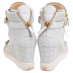 Pre Owned Giuseppe Zanotti Grey Croc Embossed Leather High Top Wedge Sneakers Size 37