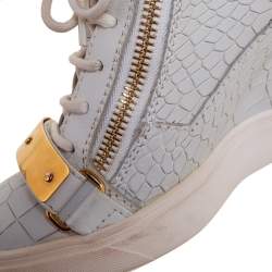 Pre Owned Giuseppe Zanotti Grey Croc Embossed Leather High Top Wedge Sneakers Size 37