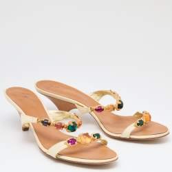 Pre Owned Giuseppe Zanotti Cream Lizard Embossed Leather Embellished Slide Sandals Size 41