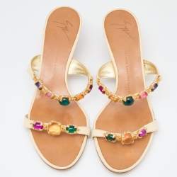 Pre Owned Giuseppe Zanotti Cream Lizard Embossed Leather Embellished Slide Sandals Size 41
