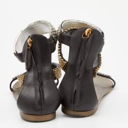 Pre Owned Giuseppe Zanotti Brown Leather Embellished Flat Ankle Cuff Sandals Size 40