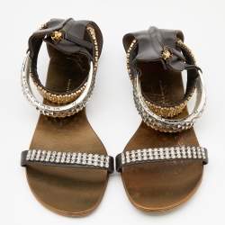 Pre Owned Giuseppe Zanotti Brown Leather Embellished Flat Ankle Cuff Sandals Size 40