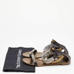 Pre Owned Giuseppe Zanotti Brown Leather Embellished Flat Ankle Cuff Sandals Size 40