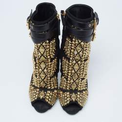 Pre Owned حذاء بوت كاحل جوسيبي زانوتي سويدي وجلد أسود قصه مرصع بمقدمة مفتوحة مقاس 38