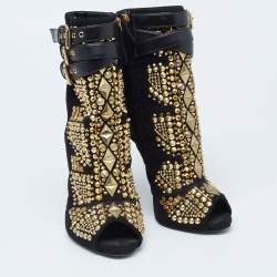 Pre Owned حذاء بوت كاحل جوسيبي زانوتي سويدي وجلد أسود قصه مرصع بمقدمة مفتوحة مقاس 38