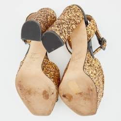 Pre Owned Giuseppe Zanotti Gold Coarse Glitter Ankle Strap Platform Sandals 38