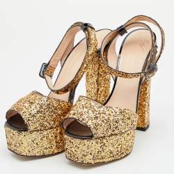 Pre Owned Giuseppe Zanotti Gold Coarse Glitter Ankle Strap Platform Sandals 38