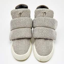 Pre Owned Giuseppe Zanotti Grey Suede Embellished Velcro Strap High Top Sneakers Size 41