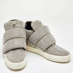 Pre Owned Giuseppe Zanotti Grey Suede Embellished Velcro Strap High Top Sneakers Size 41