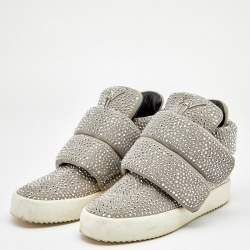 Pre Owned Giuseppe Zanotti Grey Suede Embellished Velcro Strap High Top Sneakers Size 41