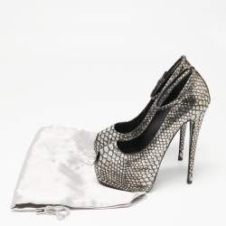 Pre Owned حذاء كعب عالي جوسيبي زانوتي جلد نقش ثعبان ثلاثي اللون سير كاحل مقدمة مفتوحة مقاس 37.5