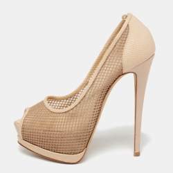 Giuseppe Zanotti Beige Mesh and Lizard Embossed Leather Peep-Toe Pumps Size 37.5