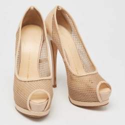 Giuseppe Zanotti Beige Mesh and Lizard Embossed Leather Peep-Toe Pumps Size 37.5