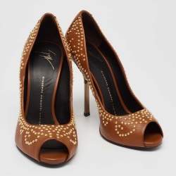  Giuseppe Zanotti Tan Studded Leather Peep-Toe Pumps Size 37.5