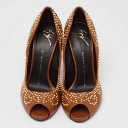  Giuseppe Zanotti Tan Studded Leather Peep-Toe Pumps Size 37.5