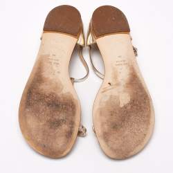 Pre Owned Giuseppe Zanotti Silver Leather T Strap Crystal Embellished Flat Sandals Size 38