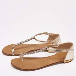 Pre Owned Giuseppe Zanotti Silver Leather T Strap Crystal Embellished Flat Sandals Size 38