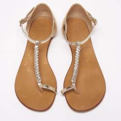 Pre Owned Giuseppe Zanotti Silver Leather T Strap Crystal Embellished Flat Sandals Size 38