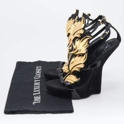 Pre Owned Giuseppe Zanotti Black Patent Leather And Suede Argent Metal Wing Embellished Strappy Sandals Size 38