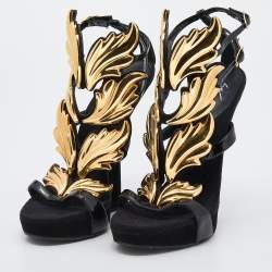 Pre Owned Giuseppe Zanotti Black Patent Leather And Suede Argent Metal Wing Embellished Strappy Sandals Size 38